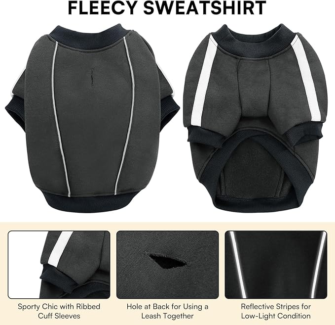 Queenmore Fleece Dog Sweater for Male Dogs, Soft Pullover Dog Sweatshirt with Leash Hole/Reflective Stripes – Cozy Winter Fleece Jacket for Small Medium Large Boy Puppy, Grey XS