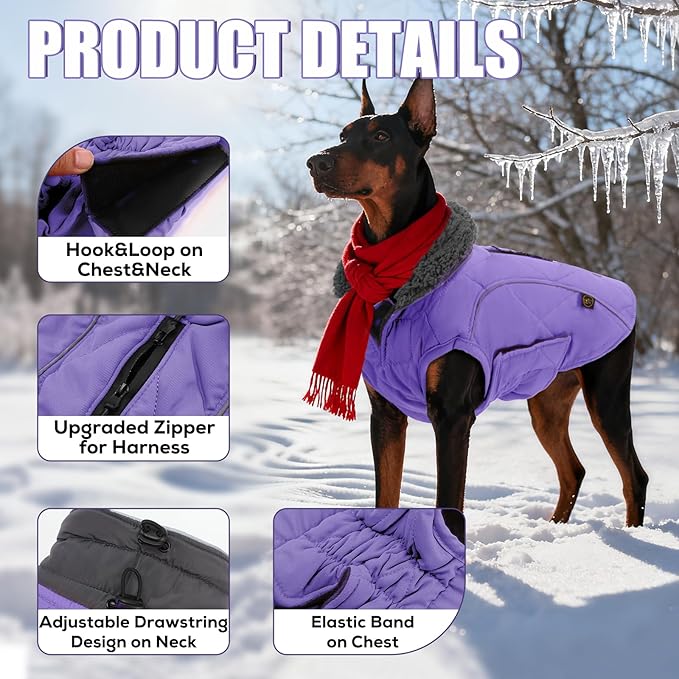 EMUST Dog Jackets for Winter, Cold Weather Coats for Dogs, Soft Winter Jackets for Medium Large Dog, Pet Vest for Small Medium Large Dogs, Purple, L