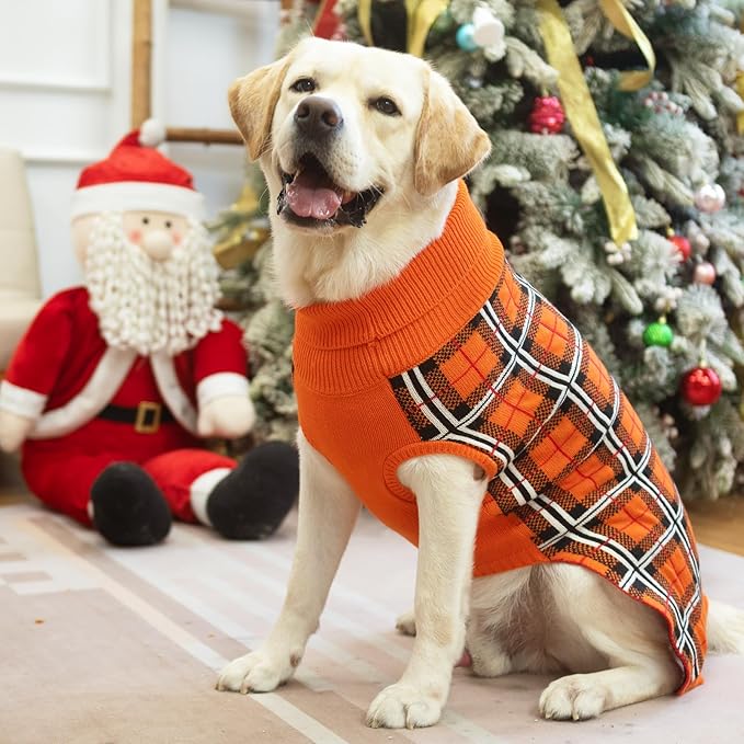 PUPTECK Dog Sweaters for Large Medium Small Dogs - Fall Classic Plaid Style Puppy Holiday Winter Coat Clothes Warm, Reddish Orange, S