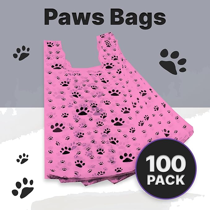 T-Shirt Bags – Paw Print Design Pink Color - 100 Pack - Thank You & Shopping Bags - Cat or Dog - 22" L x 12" W x 7" Plastic