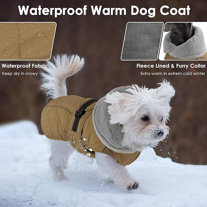 Dog Coat, Waterproof Dog Winter Jacket with Adjustable Buckle, Reflective Turtleneck Pet Snow Vest Warm Fleece Sweater for Small Medium Large Dogs - Khaki, 2XL