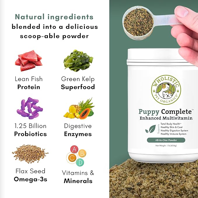 Wholistic Pet Organics Puppy Complete - Dog Multivitamin Powder - 1 Lb - Daily Dog Vitamins & Supplements for Homemade Food - Immune System, Skin, Coat & Overall Health - Small and Large Breed Puppies