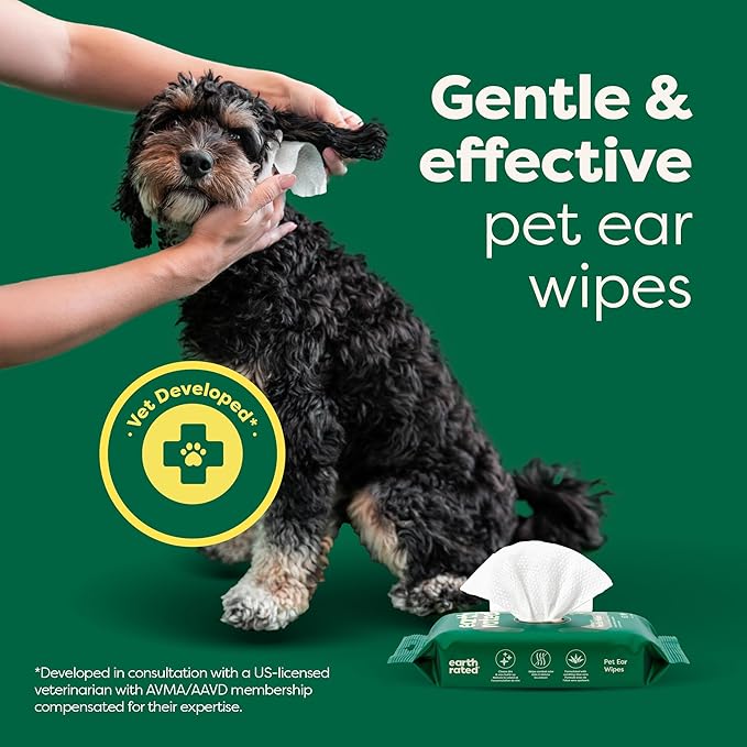 Earth Rated Vet-Developed Pet Ear Wipes, Hypoallergenic Cleaner for Dogs & Cats Ears to Remove Dirt and Wax Build Up, Wild Oat Scent, 70 Count