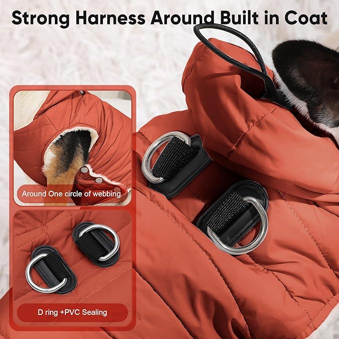 Fleece Lining Dog Hoodie with Harness Built in,Extra Warm Large Dog Jacket in Winter Doggie Coats with Drawstring Hooded,Orange XXXL