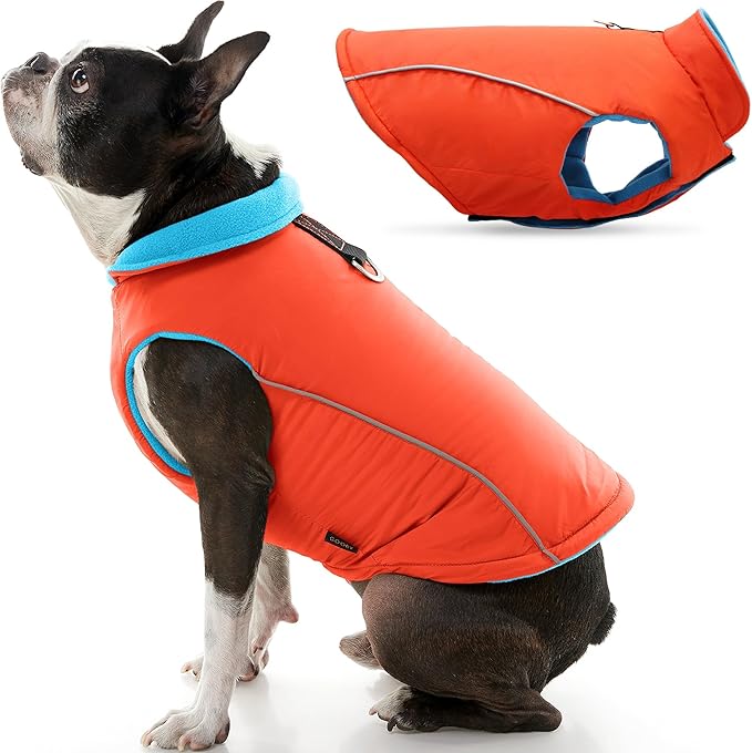 Gooby Sports Vest Dog Jacket - Orange, X-Large - Reflective Dog Vest with D Ring Leash Warm Fleece Lined Hook and Loop Closure for Small to Medium Dogs
