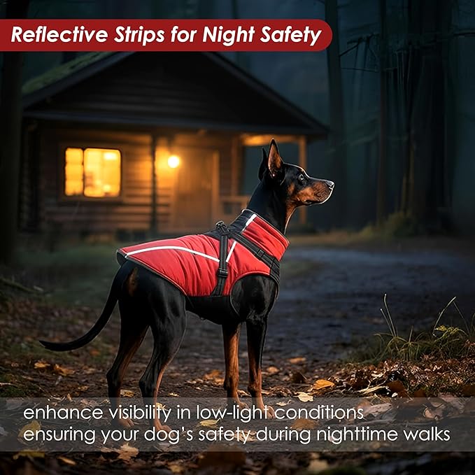 ASENKU Reflective Dog Coat with Built-in Harness, Windproof Fleece-Lined Dog Jacket for Small, Medium, Large Dogs, Warm Winter Vest with Turtleneck & Zipper (Red M)