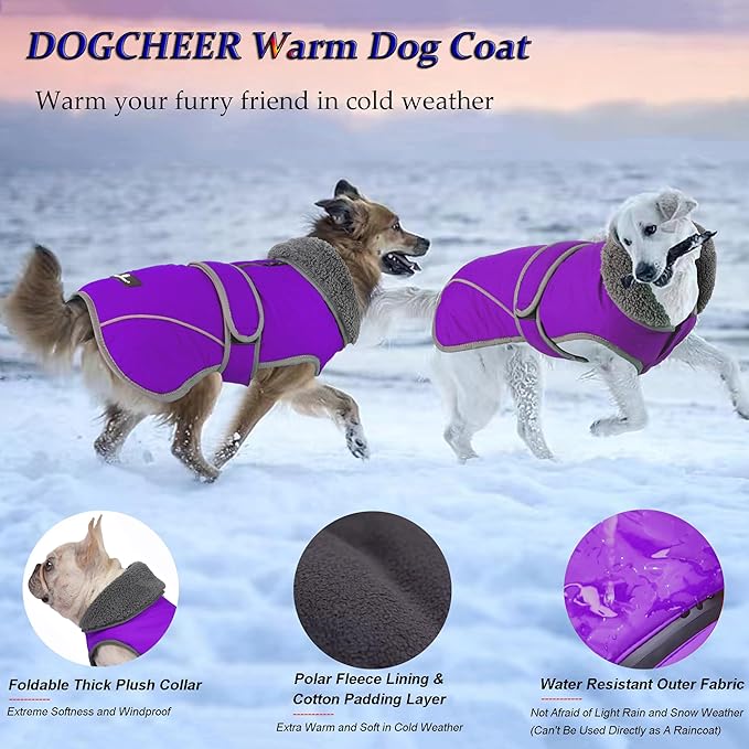 Dogcheer Dog Coat, Waterproof Dog Jacket Reflective Pet Winter Coat with Adjustable Hook & Loop, Christmas Puppy Fleece Jacket Warm Turtleneck Snowsuit for Small Medium Large Dogs - Purple, XL