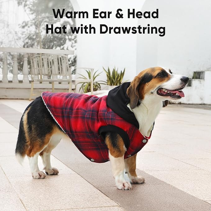Fleece Lining Dog Hoodie for Small Dogs Extra Warm Plaid Sweater with Drawstring Hooded Coats in Winter Puppy Jacket,Red M