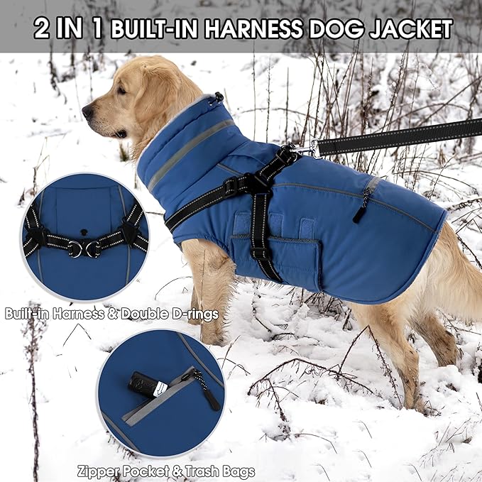PETDSH Dog Coat Large, Built-in Harness Dog Jacket with Warm Fleece Lining, Waterproof Reflective Dogs Winter Coat, Pet Coats with Pocket and Trash Bags (Navy Blue, Large)