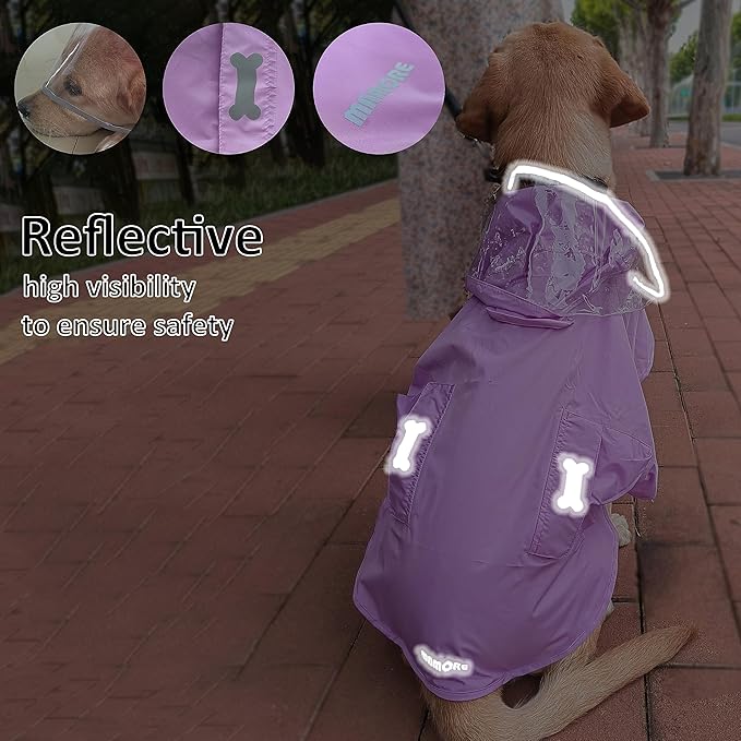 Waterproof Dog Raincoat, Adjustable Reflective Lightweight Pet Rain Clothes with Poncho Hood(Large, Light Purple)