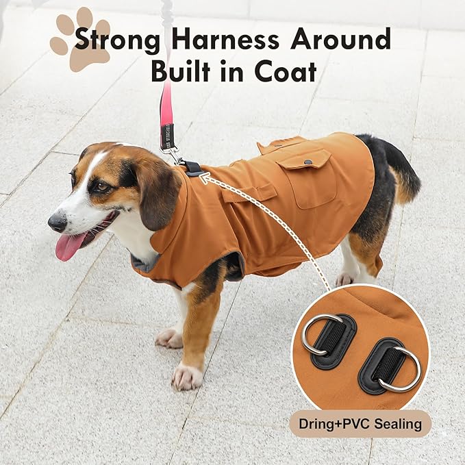 Workwear Style Dog Coats with Harness Built in for Small Dogs Windproof Warm Puppy Jacket with Storage Pockets for Cold Winter,BrightBeige XL