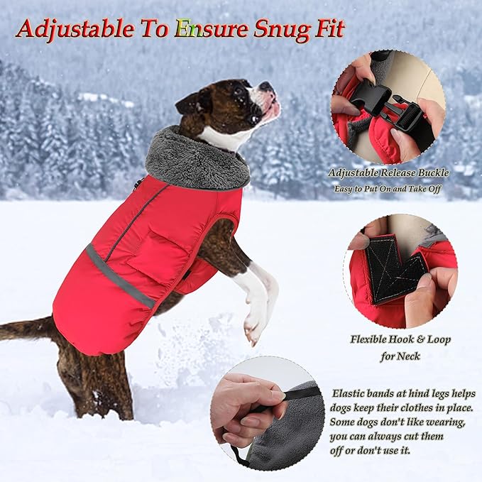 Dogcheer Warm Dog Coat, Christmas Dog Jacket Waterproof Puppy Winter Coat with Buckles, Reflective Adjustable Pet Snow Jacket Turtleneck Fleece Sweater for Small Medium Large Dogs - Red, L