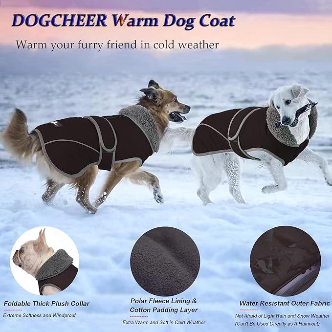 Dogcheer Dog Coat, Waterproof Dog Jacket Reflective Pet Winter Coat with Adjustable Hook & Loop, Christmas Puppy Fleece Jacket Warm Turtleneck Snowsuit for Small Medium Large Dogs - Black, S