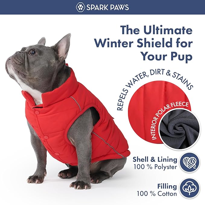 Spark Paws Dog Winter Jacket, Water-Resistant Coat, Warm Reflective Windproof Fleece-Interior, for Medium and Large Dogs - Red - 2XL