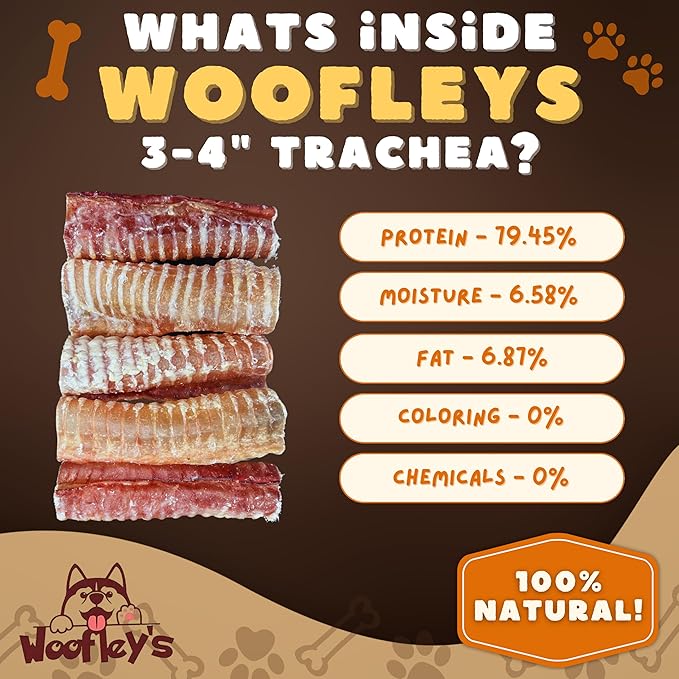 Woofley's Beef Trachea - 3-4 Inch - 50 Pack - Trachea Treats for Dogs - Natural Source of Glucosamine and Chondrotin for Joint Health - 100% Natural Beef Windpipe for Dogs