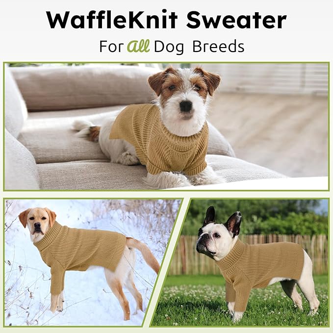 Queenmore Turtleneck Long Sleeve Knitted Sweater with Check Pattern, Fall Winter Warm Sweater for Small to XXL Dogs and Cats, Brown
