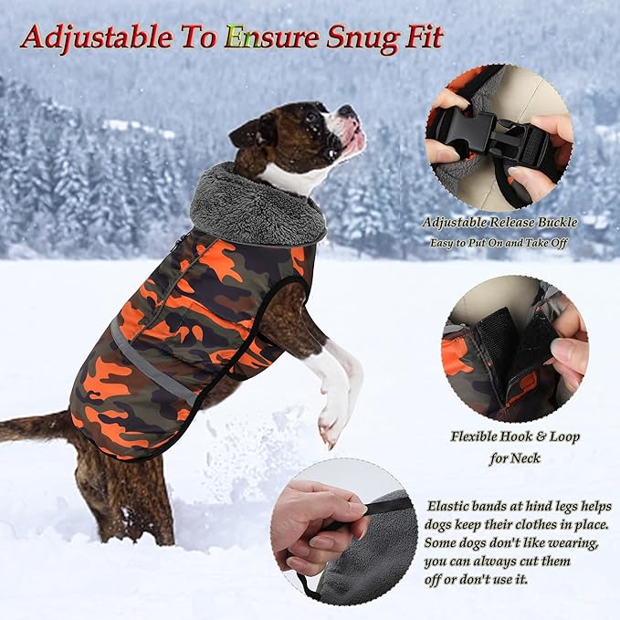 Dogcheer Warm Dog Coat, Waterproof Dog Jacket Christmas Puppy Winter Coat with Buckle, Reflective Adjustable Pet Snow Jacket Turtleneck Fleece Sweater for Small Medium Large Dogs - Orange Camo, XL