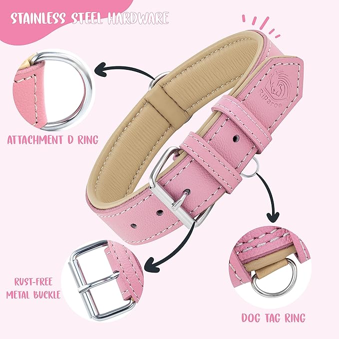 Riparo Genuine Leather Pink Dog Collar Heavy Duty K-9 Adjustable Dog Collar (L: 1.5" Wide for 17"-21" Neck, Pink)