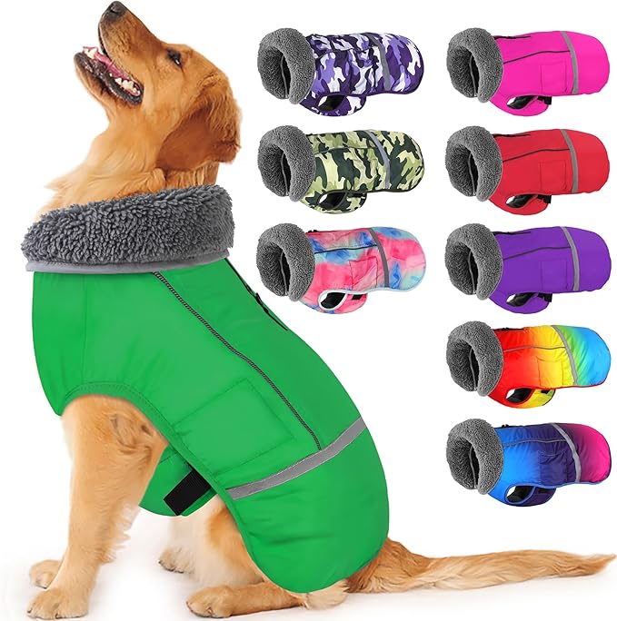 Dogcheer Warm Dog Coat, Waterproof Dog Jacket Christmas Puppy Winter Coat with Buckle, Reflective Adjustable Pet Snow Jacket Turtleneck Fleece Sweater for Small Medium Large Dogs - Green, L