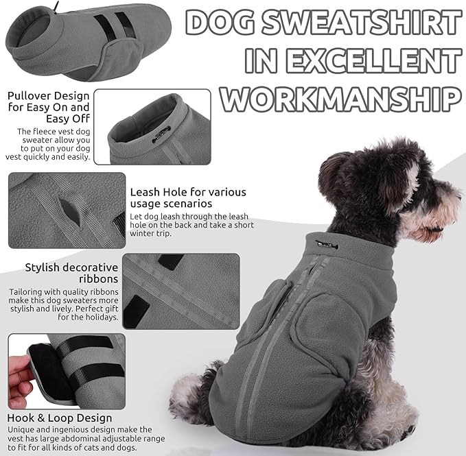 Queenmore Medium Dog Sweaters, Soft Fleece Vest Pullover Dog Jacket with Leash Hole, Warm Winter Dogs Clothes Cold Weather Doggy Dachshund Sweater for Medium Dogs Cats Boy or Girl (Grey,M)