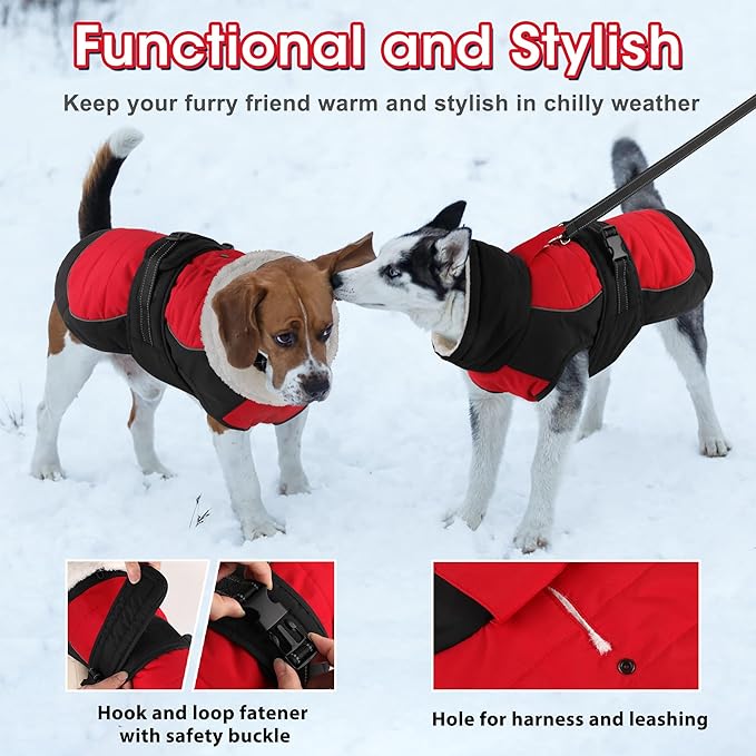 Dogcheer Dog Coat, Christmas Dog Jacket, Waterproof Turtleneck Puppy Winter Coat, Adjustable Pet Puffer Jacket, Reflective Warm Fleece Coats for Small Medium Large Dogs - Red, 3XL