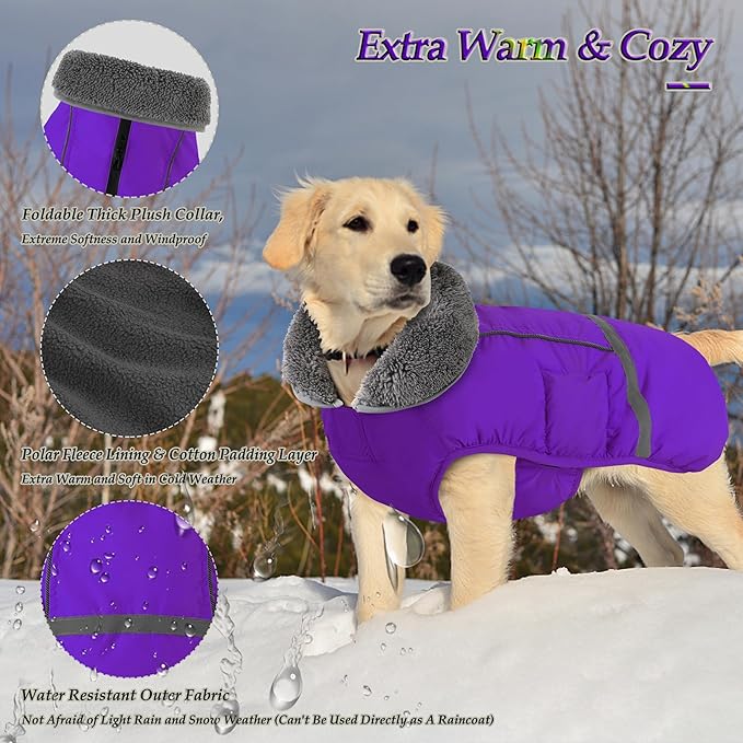 Dogcheer Warm Dog Coat, Christmas Dog Jacket Waterproof Puppy Winter Coat with Buckles, Reflective Adjustable Pet Snow Jacket Turtleneck Fleece Sweater for Small Medium Large Dogs - Purple, 3XL
