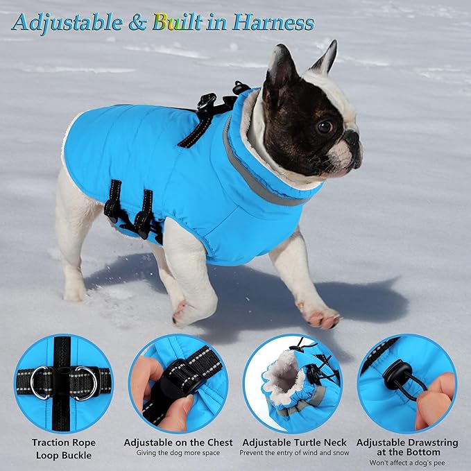 Dogcheer Dog Coat with Harness, Waterproof Dog Jacket Adjustable Pet Winter Coat with Zipper, Christmas Puppy Snow Jacket Fleece Sweater for Small Medium Large Dogs - Sky Blue XS