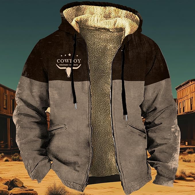 Men's Western Aztec Jackets Hooded Cowboy Hoodie Warm Full Zip Ethnic Vintage Long Sleeve Coat Fall Winter Tops