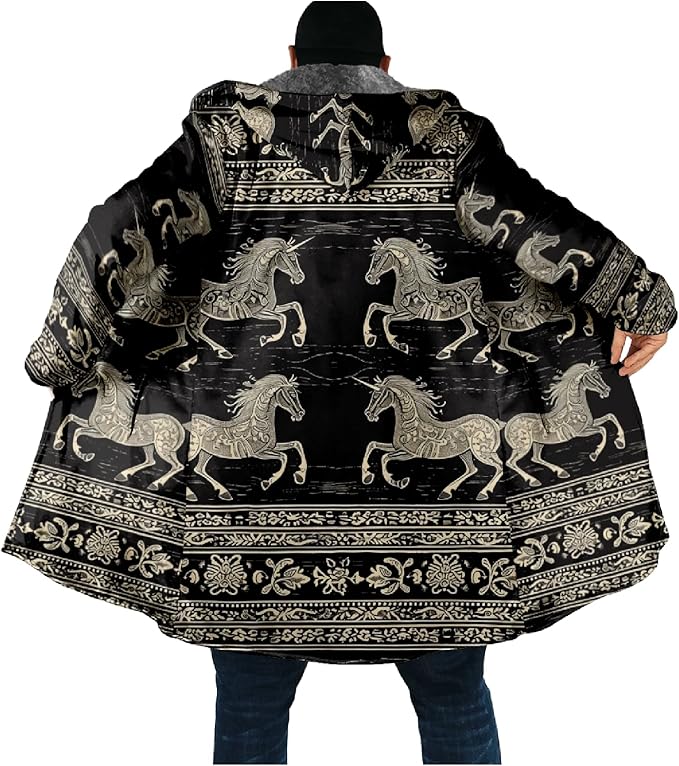 Mens Aztec Print Hoodie Heavyweight Cotton Fleece Jacket Zip Up Warm Long Sleeve Hooded Winter Midi Coat