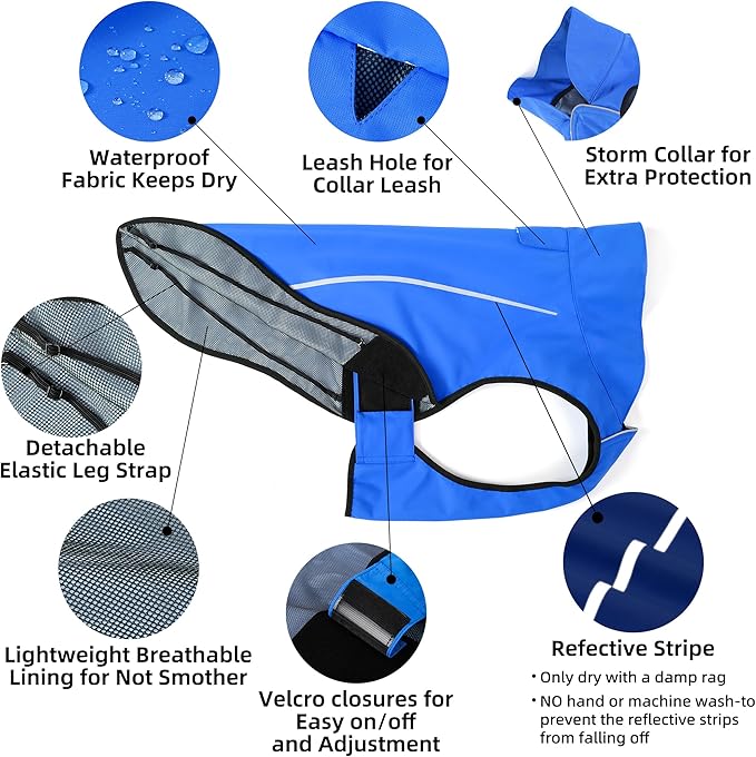 Mile High Life Dog Raincoat, Adjustable Waterproof Reflective Rain Jacket for Small Medium Large Dogs, Lightweight Breathable Pet Rain Coat with Leash Hole(Blue,S Chest 22-25")