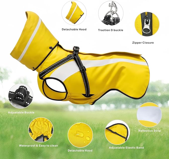 Mosucoirl Dog Raincoat Waterproof Raincoats for Dog Reflective Dogs Rain Jackets with Hood Hoodie Pet Rain Poncho Coat for Small Medium Large Dogs Puppies S-XXL (Yellow, L)