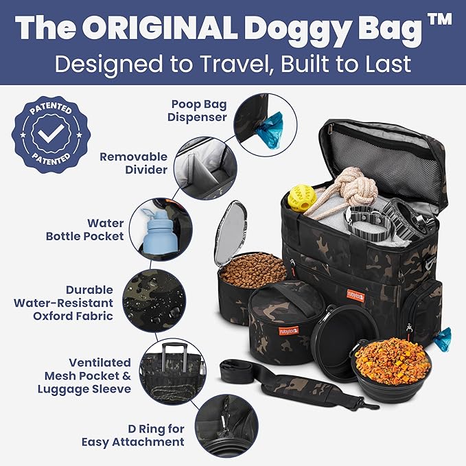 The Original Doggy Bag™ - Complete Dog Travel Bag for Supplies with 2 BPA-Free Travel Dog Bowls & 2 Pet Food Containers - Traveling Kit for Road Trips, Camping, Weekend Away or Doggy Gift - Camo