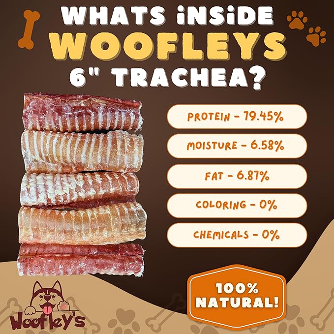 Woofley's Beef Trachea - (6 Inch 50 Pack) - Trachea Treats for Dogs - Natural Source of Glucosamine and Chondrotin for Joint Health - 100% Natural Beef Windpipe for Dogs