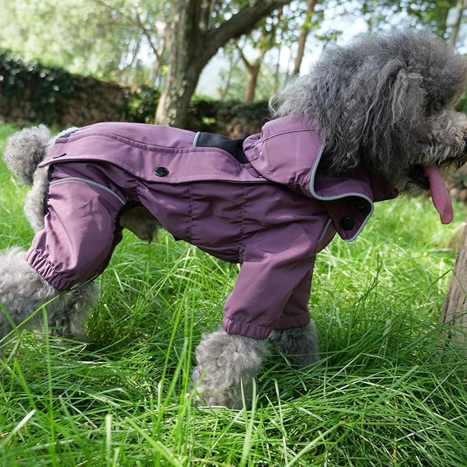 LOVELONGLONG Waterproof Dog Raincoat with Removable Hood – Outdoor Full Body Dog Jacket, Windproof Snowproof Shell Suit – All Season Pet Rain Gear Plum Purple 3XL
