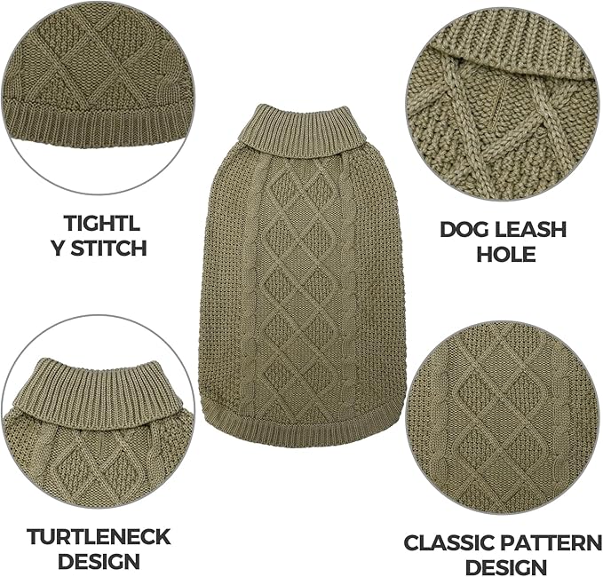 Mihachi Turtleneck Dog Sweater - Winter Coat Apparel Classic Cable Knit Clothes with Leash Hole for Cold Weather, Ideal Gift for Pet in New Year Army Green New S