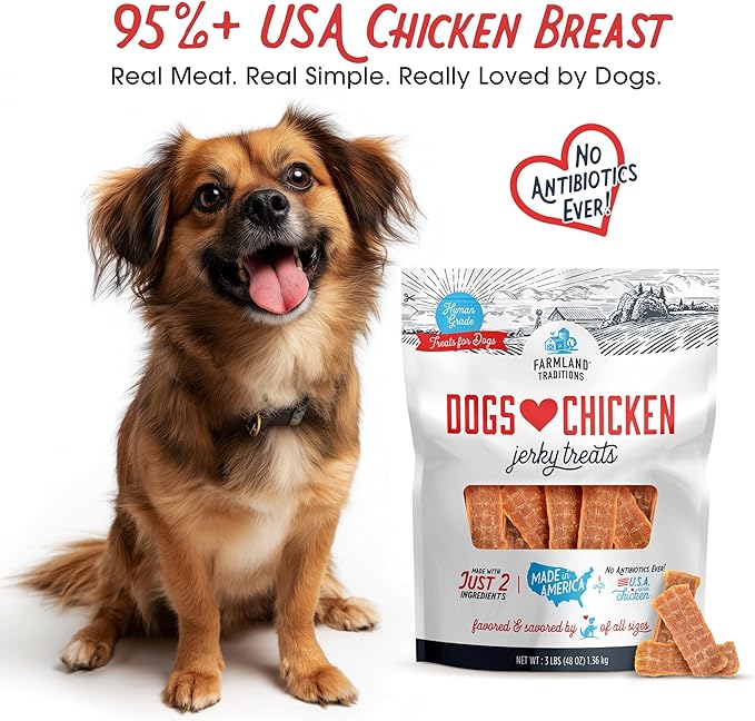 Farmland Traditions Dogs Love Chicken Jerky Dog Treats, Premium Two-Ingredient Dog Jerky with USA-Raised, Human-Grade Chicken & No Antibiotics Ever, 1-Pound Bag (Pack of 2)