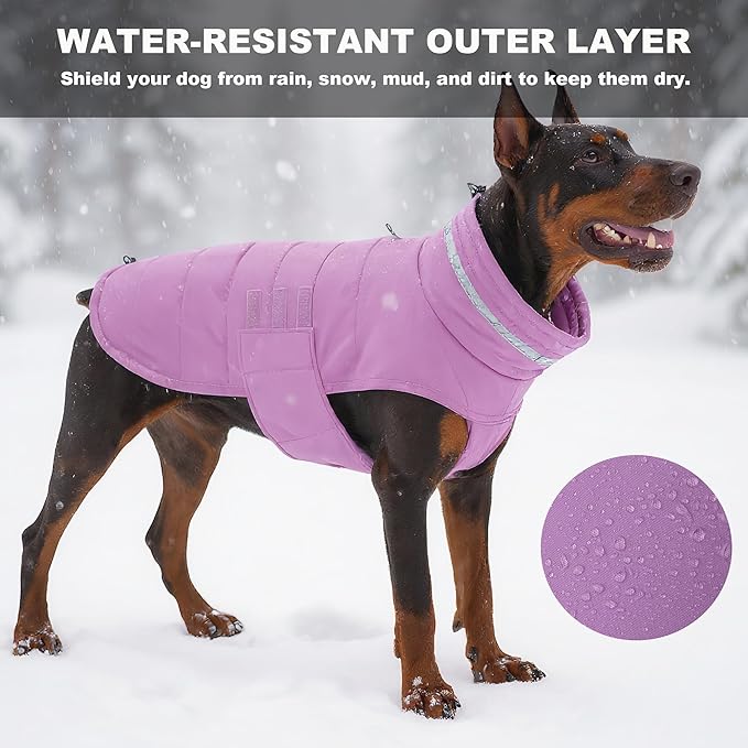 Dog Coat, Waterproof Winter Jacket, Warm Windproof Jacket, Reflective Adjustable Turtleneck Coats for Medium Dogs with Hook & Loop - Lilac - M