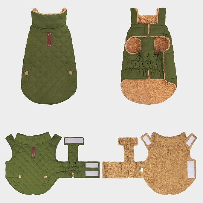 azuza Dog Jacket for Medium Dogs Waterproof & Windproof Dog Coat for Small Dogs with Thick Fleece, High Collar with Leash Hole, Adjustable Velcro & Elastic Belly, Army Green 2XL