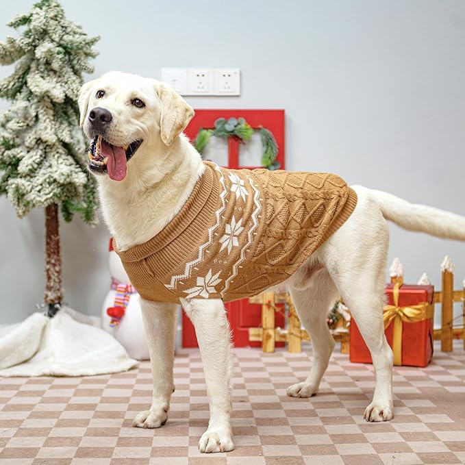 Warm Winter Pink Dog Sweater - Cold Weather Pet Clothes for Small Medium Large Dogs Indoor Outdoor, Soft Classic Knit Puppy Apparel Coat, Khaki, ML