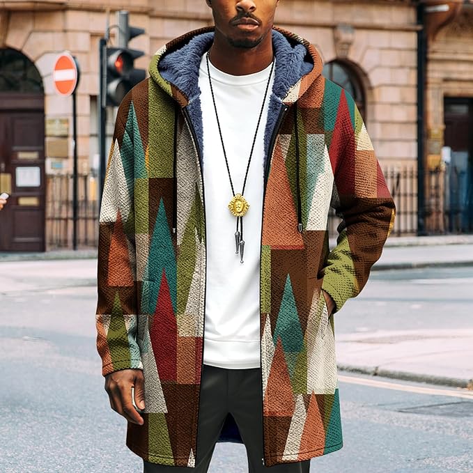 LIZALIG Long Hooded Cardigan Men Japanese Art Style Fashion Cool Graphic Coats Winter Warm Lined Fleece Jacket