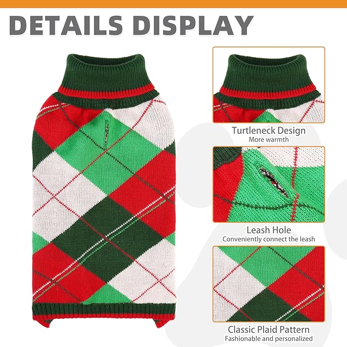 KOOLTAIL Dog Christmas Sweater Pet Knitted Clothes - Classic Plaid Pull Over Turtleneck Dog Sweaters with Leash Hole Warm Dogs Winter Clothing for Small Medium Dogs Cats Puppy Boy Girl Red & Green SM
