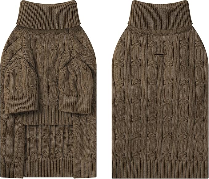 Small Dog Thermal Pullover Sweater, Classic Turtleneck Cable Knitwear Dog Clothes for Cold Weather Warm Pet Clothes for Chihuahua, Bulldog, Dachshund, Pug Tan Small