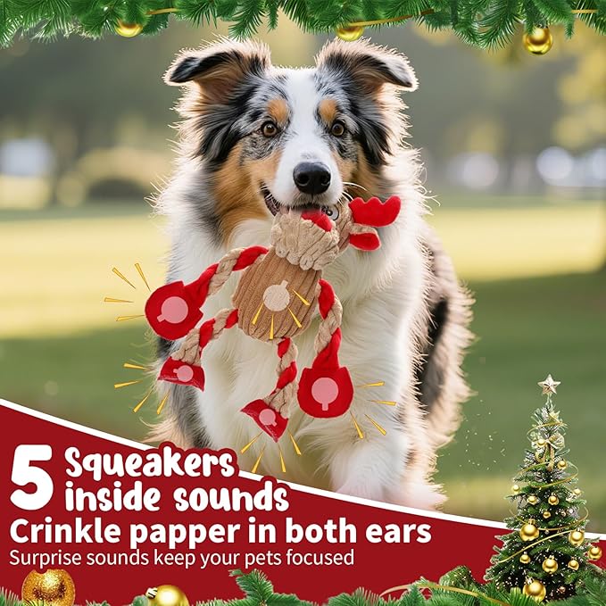 Christmas Dog Toys Tough Chew Toys for Large Dogs, Stuffed Reindeer Dog Toy with 5 Squeakers & Crinkle Paper, Squeaky Interactive Plush Toy to Keep Them Busy, Dog Gifts for Small Medium Large Dogs