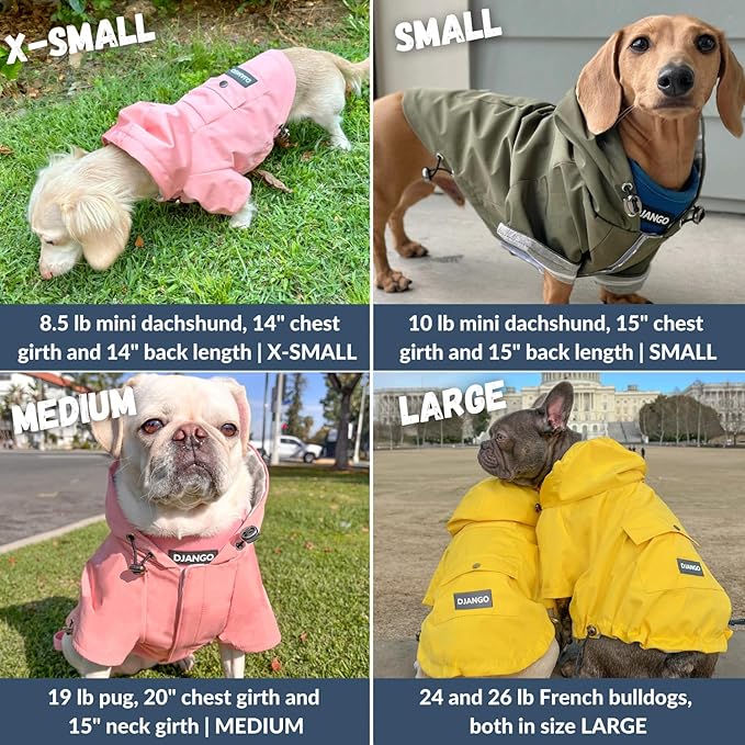 DJANGO Highland Dog Jacket & Raincoat – Water-Repellent, Lined Dog Coat with Hood, Adjustable Fit & Harness Hole – Lightweight Rain & Wind Jacket for Small & Medium Dogs up to 30 lbs (Olive, X-Small)