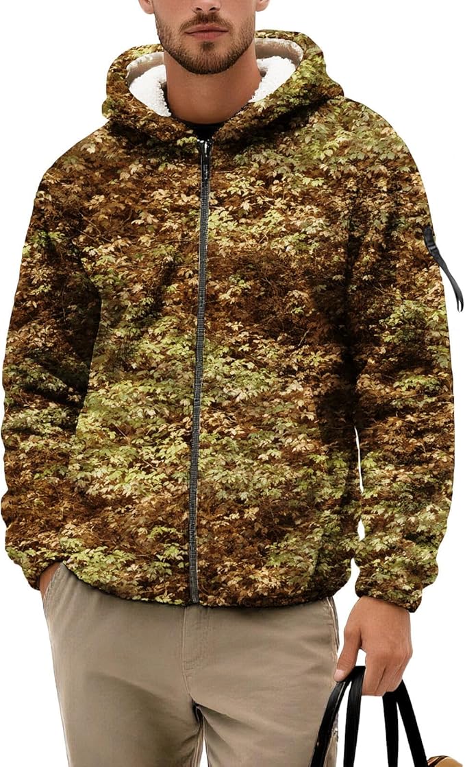 Men's Camouflage Hunting Fleece Lined Hoodie Camo Jackets Zip Up Long Sleeve Casual Winter Coats Hood Outerwear