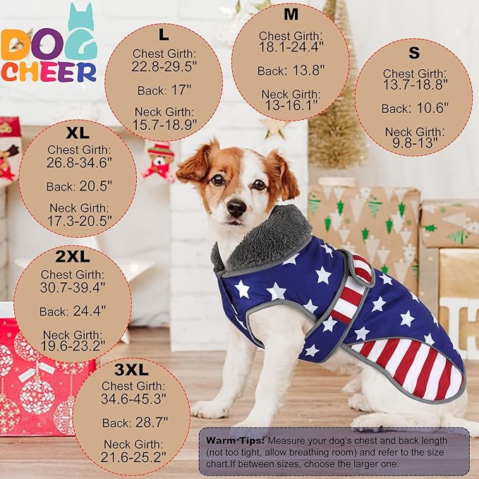 Dogcheer Dog Coat, American Flag Dog Jacket Waterproof Puppy Winter Coat for Cold Weather, Reflective Adjustable Pet Snow Jacket Fleece Sweater for Small Medium Large Dogs - USA Flag, 2XL