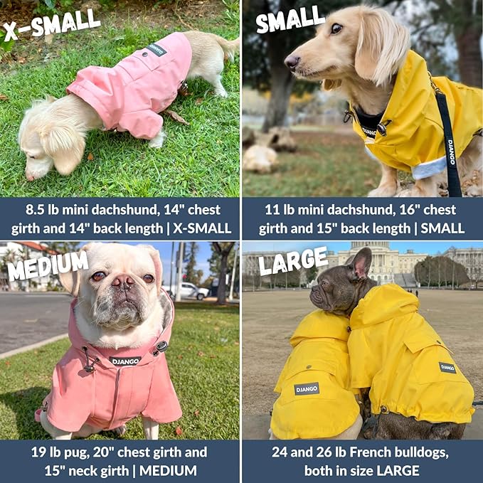 DJANGO Highland Dog Jacket & Raincoat – Water-Repellent, Lined Dog Coat with Hood, Adjustable Fit & Harness Hole – Lightweight Rain & Wind Jacket for Small & Medium Dogs up to 30 lbs (Yellow, Large)