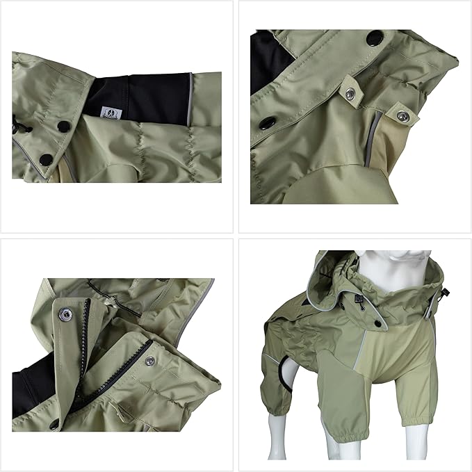 LOVELONGLONG Waterproof Dog Raincoat with Removable Hood – Outdoor Full Body Dog Jacket, Windproof Snowproof Shell Suit – All Season Pet Rain Gear Sage Green S