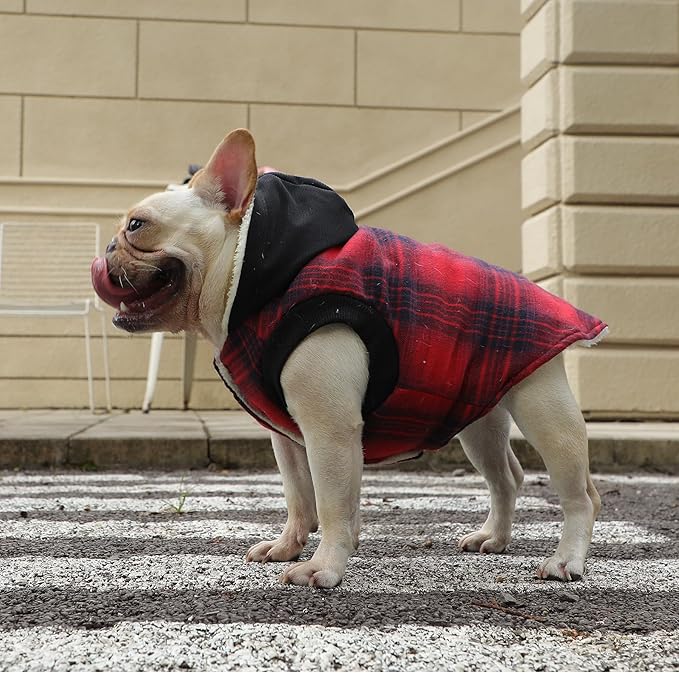 Fleece Lining Dog Hoodie for Medium Dogs Extra Warm Plaid Sweater with Drawstring Hooded Coats in Winter Puppy Jacket,Red L