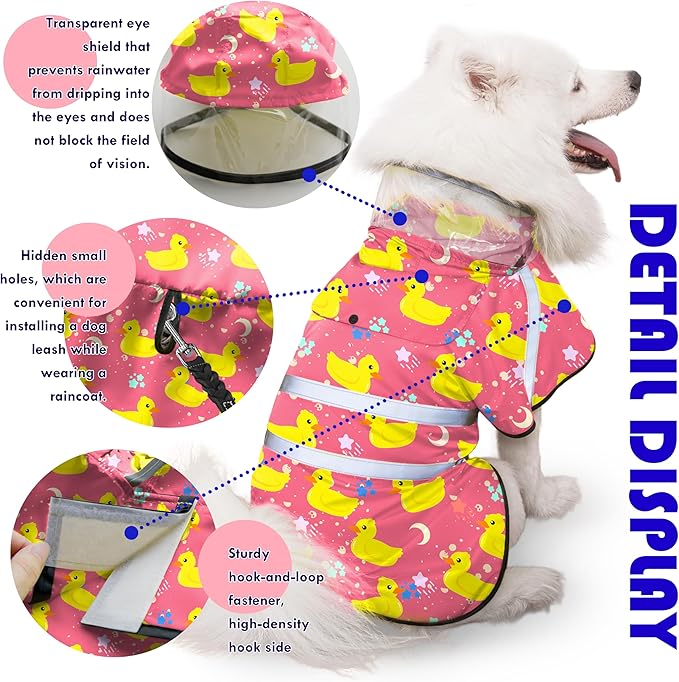 Dog Raincoat, Adjustable Rain Jacket with Hooded Double Layer for Large Medium Small Dogs Puppies, Lightweight Waterproof Rain Coat Poncho with Reflective Stripe Duck Pink,S